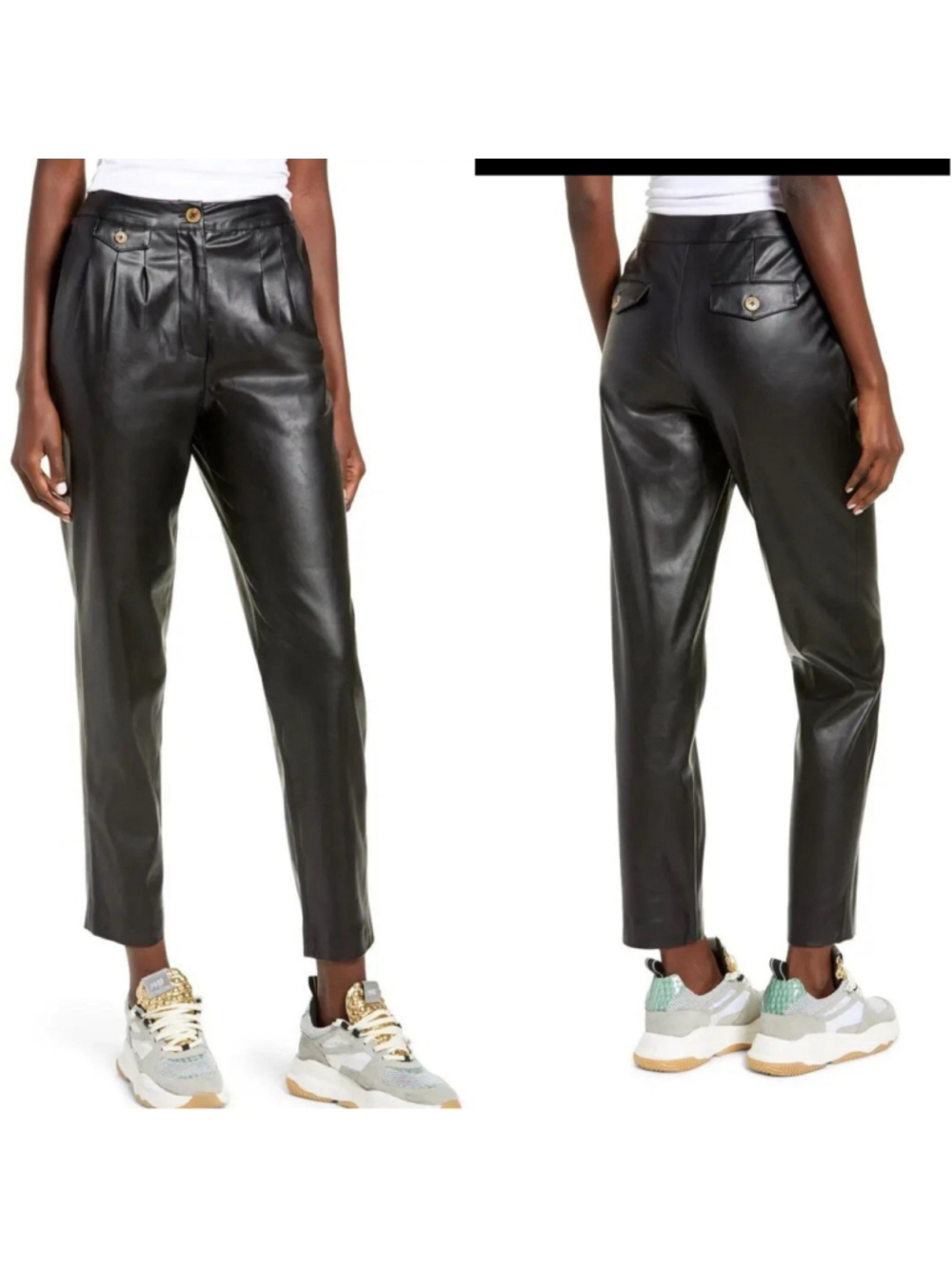 BLANKNYC Faux Leather Pleated Straight Cropped Trouser Pants Black 24